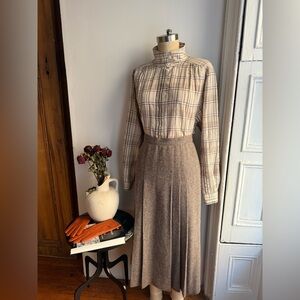 Wool Pleated Midi Skirt Herringbone Wool Skirt High Waist Pleated A-Line Skirt